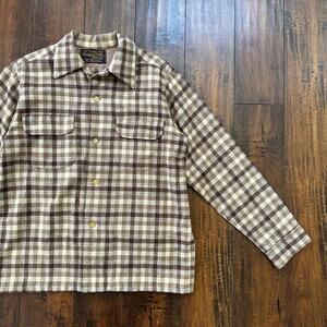 VTG 1950s Pendleton Board Shirt Loop Virgin Wool Plaid Flannel Shirt 50s Brown